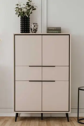 Buffetkast Auryn - 90x38x140cm - 4 deuren & 2 lades - zand/zwart – kavel bij Openbare Verkopen, Beveren-Leie