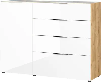 Dressoir Dudek 134cm met 4 lades & 1 deur - wit/eik – kavel bij Openbare Verkopen, Beveren-Leie