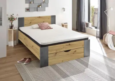 Bed Rudi 140x200 met 1 lade - oude eik/beton – kavel bij Openbare Verkopen, Beveren-Leie