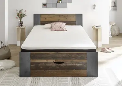 Bed Rudi 140x200 met 1 lade - old style/beton – kavel bij Openbare Verkopen, Beveren-Leie