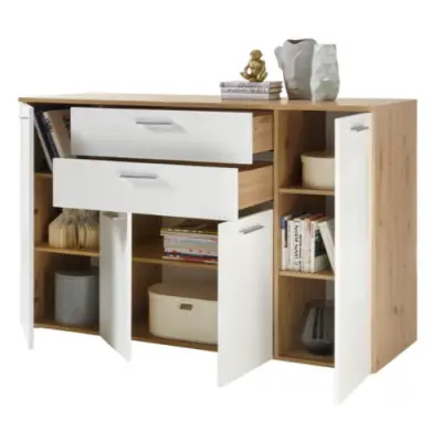 Commode Lobi 4 deuren 2 lades - glanzend wit/hout – kavel bij Openbare Verkopen, Beveren-Leie