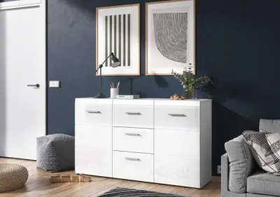 Dressoir Allan 144cm met 2 deuren & 3 lades - wit – kavel bij Openbare Verkopen, Beveren-Leie