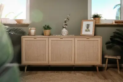 Dressoir Bilal 150cm 3 deuren - eik/geprint rafia – kavel bij Openbare Verkopen, Beveren-Leie