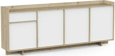 Dressoir Leda - 209x36x82cm - 4 deuren & 1 lade - wit/eikdecor – kavel bij Openbare Verkopen, Beveren-Leie