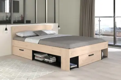 Tweepersoonsbed Achiel - 140x200cm - met opbergruimte - eikdecor/zwart – kavel bij Openbare Verkopen, Beveren-Leie