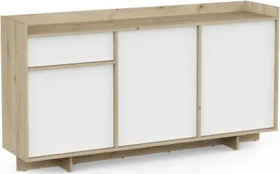 Dressoir Leda - 157x36x82cm - 3 deuren & 1 lade - wit/eikdecor – kavel bij Openbare Verkopen, Beveren-Leie