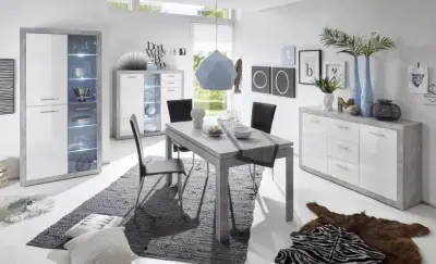 Dressoir Inga 147 cm met 2 deuren & 3 lades - beton/wit – kavel bij Openbare Verkopen, Beveren-Leie