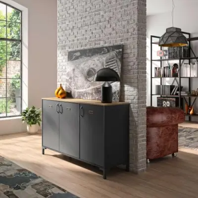 Industrieel dressoir Manno 136cm 3 deuren - zwart – kavel bij Openbare Verkopen, Beveren-Leie