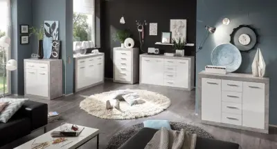 Dressoir Inga 152 cm met 3 deuren & 4 lades - beton/wit – kavel bij Openbare Verkopen, Beveren-Leie