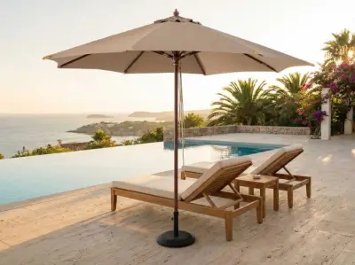 Parasol Joplin 350cm teakhout - olefin taupe – kavel bij Openbare Verkopen, Beveren-Leie