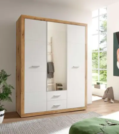 Kledingkast Storck 151cm 3 deuren & 2 lades & spiegel - artisan eik/wit – kavel bij Openbare Verkopen, Beveren-Leie