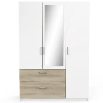Kleerkast Ryan 3 draaideuren, 4 legplanken, 1 kledingroede en 2 lades-Kronberg eik/mat wit – kavel bij Openbare Verkopen, Beveren-Leie