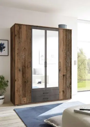 Kledingkast Ellis 160cm met 4 deuren 2 lades & spiegel - old style/beton – kavel bij Openbare Verkopen, Beveren-Leie