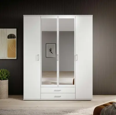 Witte kledingkast Daniela 160cm met 4 deuren en spiegel – kavel bij Openbare Verkopen, Beveren-Leie