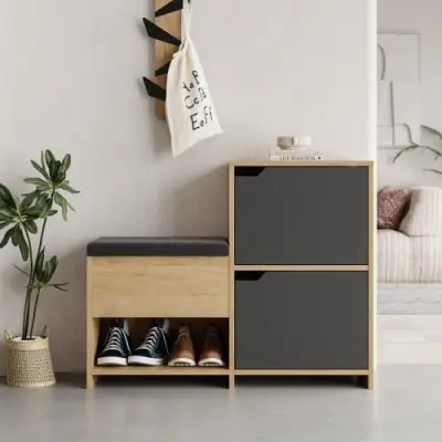 Haven Shoe Bench Schoenenkast | 100% MELAMINE | Antraciet, Eiken – kavel bij Openbare Verkopen, Beveren-Leie