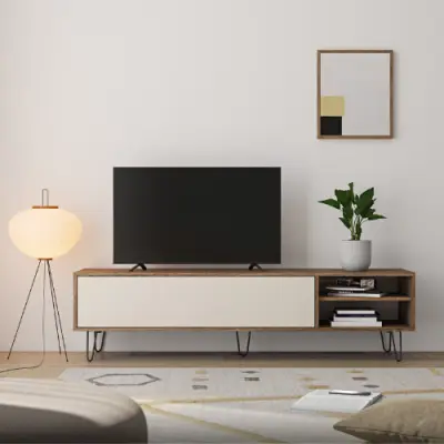 Tv-meubel Aelan 1 opklapdeur en 2 open vakken-notenhout/licht beige – kavel bij Openbare Verkopen, Beveren-Leie