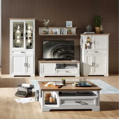 Vitrinekast Samine 93cm 3 deuren & 1 lade - wit/eik – kavel bij Openbare Verkopen, Beveren-Leie