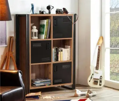 Boekenkast Sapphire - 89x35x127cm - 3 deuren - zwart metaal/eikdecor – kavel bij Openbare Verkopen, Beveren-Leie