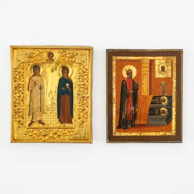 Two19th-century traveler icons painted in tempera on panel. One with a gilded oklad – kavel bij Bernaerts, Antwerp