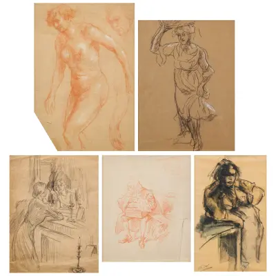 Lot of five drawings (red chalk, pencil, etc.). Frame – kavel bij Bernaerts, Antwerp