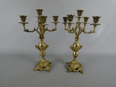 Set van 2 messing kandelaren met 5 armen – kavel bij De Kringwinkel, Diest