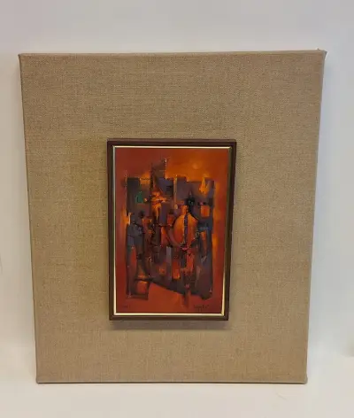 Abstract schilderij in houten lijst op linnen achtergrond – kavel bij De Kringwinkel, Aalst