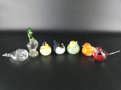 Set van 7 decoratieve glazen vogelfiguren – kavel bij De Kringwinkel, Heverlee