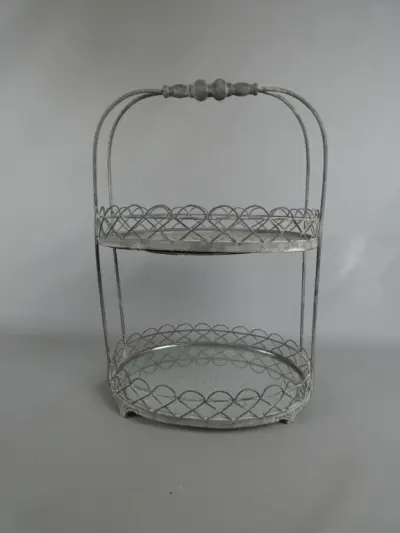 Tweeledig metalen etagère met glazen schalen – kavel bij De Kringwinkel, Diest