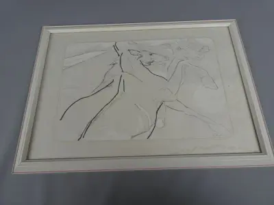Ingelijste gravure van paarden door Octave Landuyt – kavel bij De Kringwinkel, Diest