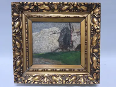 Impressionistisch molenlandschap - Olieverfschilderij met windmolen in sierlijke vergulde lijst – kavel bij De Kringwinkel, Gent