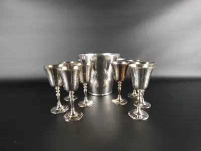Silea zilverkleurige wijnglazen en ijsemmer set | 9-delig – kavel bij De Kringwinkel, Heverlee