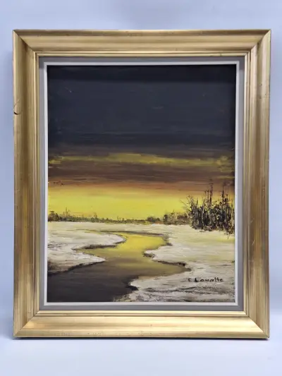 Olieverfschilderij van winters rivierlandschap bij zonsondergang - E. Lamotte – kavel bij De Kringwinkel, Gent