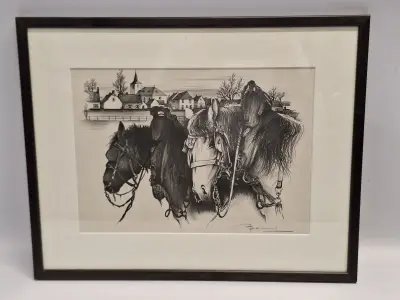 Handgesigneerde grafische prent met drie trekpaarden en dorpsgezicht - Oscar Bonnevalle – kavel bij De Kringwinkel, Gent