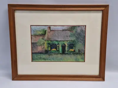 Pasteltekening ‘Hoeverzicht’ - gesigneerd ME en gedateerd 1980 – kavel bij De Kringwinkel, Gent