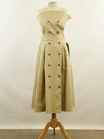 RAE Antwerp beige bustierjurk in retro stijl fit and flare in gladde zwaardere soepelvallende stof – kavel bij De Kringwinkel, Antwerpen