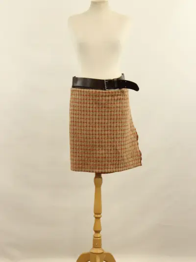 Natan Knitwear wikklerokje met lederen riem in herfstkleuren – kavel bij De Kringwinkel, Antwerpen