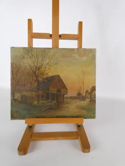 Gesigneerd olieverfschilderij met een boerderij bij zonsondergang - 2010 – kavel bij De Kringwinkel, Heverlee
