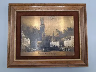 Metalen plaquette met een ets/gravure van het Belfort Brugge – kavel bij De Kringwinkel, Waardamme