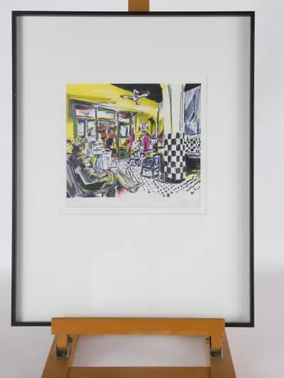 Ingelijste kleurenlitho - Café Tout-Va-Bien - Nick Andrews – kavel bij De Kringwinkel, Heverlee