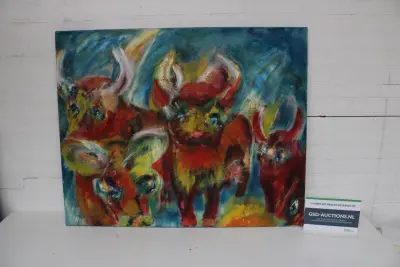 Schilderij met afbeelding van vier stieren – kavel bij GSD Auctions, Zoeterwoude