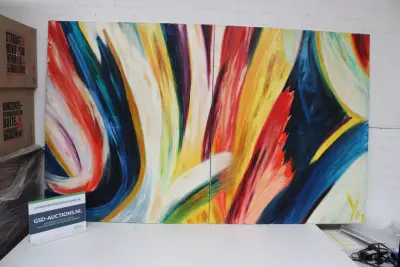 Abstract tweeluik schilderij met kleurrijke verfstreken – kavel bij GSD Auctions, Zoeterwoude