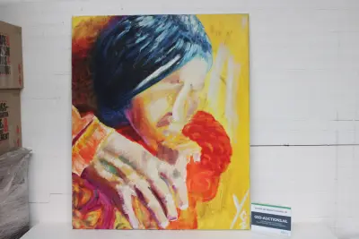 Abstracte kleurrijke schilderij van gezicht – kavel bij GSD Auctions, Zoeterwoude