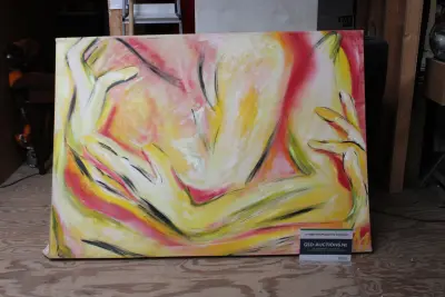 Modern schilderij met abstracte gele en rode handen – kavel bij GSD Auctions, Zoeterwoude