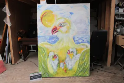 Groot schilderij van vogel met jongen – kavel bij GSD Auctions, Zoeterwoude