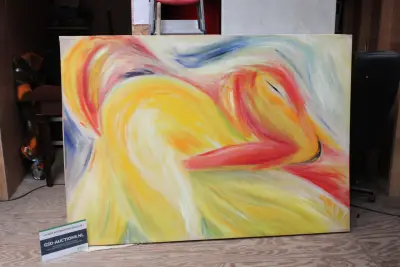Abstract schilderij in gele, rode en blauwe tinten – kavel bij GSD Auctions, Zoeterwoude
