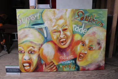 Schilderij met expressieve gezichten en tekst – kavel bij GSD Auctions, Zoeterwoude