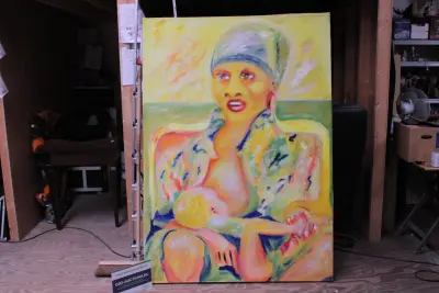 Groot modern kleurenrijk schilderij van een zittende vrouw – kavel bij GSD Auctions, Zoeterwoude