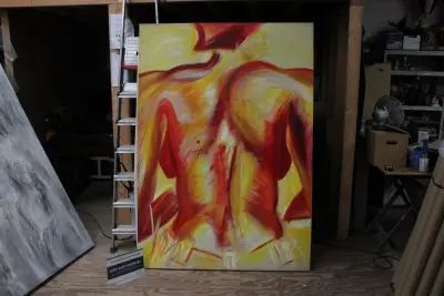 Abstract schilderij met menselijke rug in rood en geel – kavel bij GSD Auctions, Zoeterwoude