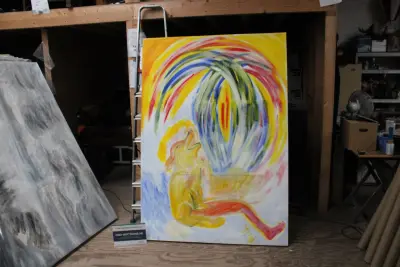 Abstract beschilderd doek met figuur en palmboom – kavel bij GSD Auctions, Zoeterwoude