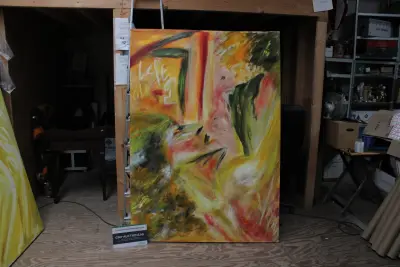 Abstract schilderij met gezicht en kleurrijke patronen – kavel bij GSD Auctions, Zoeterwoude